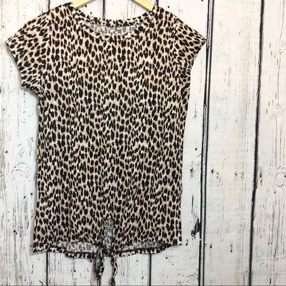 Loft Leopard Print short sleeve front tie top blouse animal print size small
